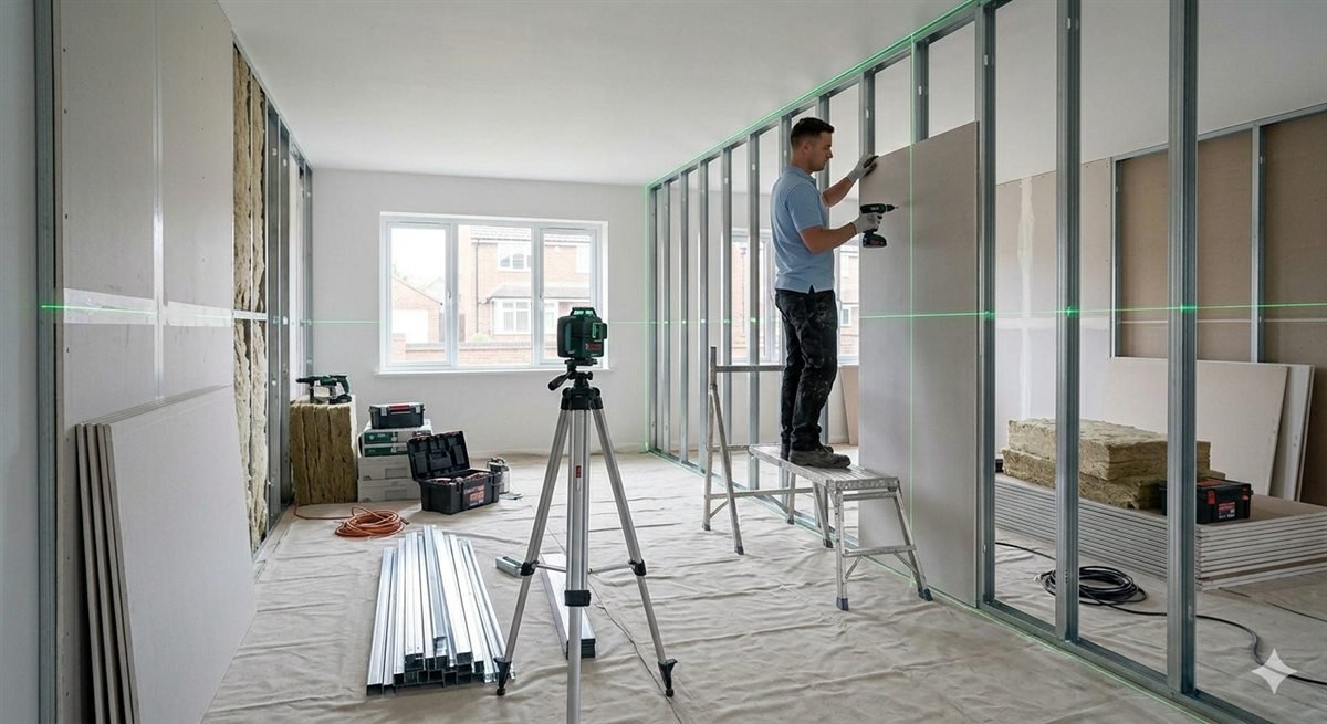 Plasterboard fixed to a new stud partition
