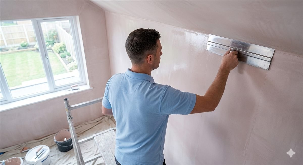 Freshly skimmed smooth plaster wall in Kent