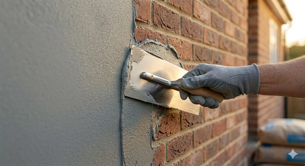 Weatherproof render applied to an external wall